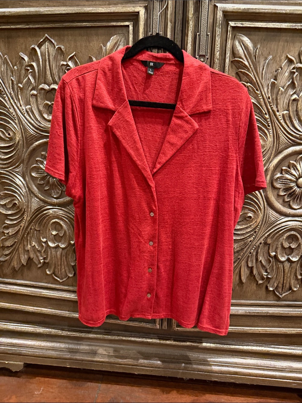 Banana Republic Vibrant Red Linen Short-Sleeve Button-Down Camp Shirt